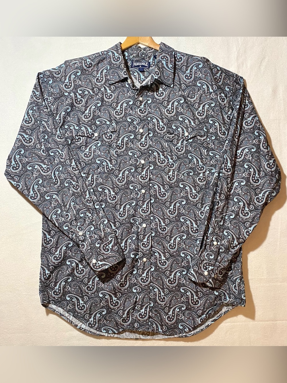 Panhandle Men’s Western Pearl Snap Shirt Large Gray/Teal Paisley Cowboy Rodeo